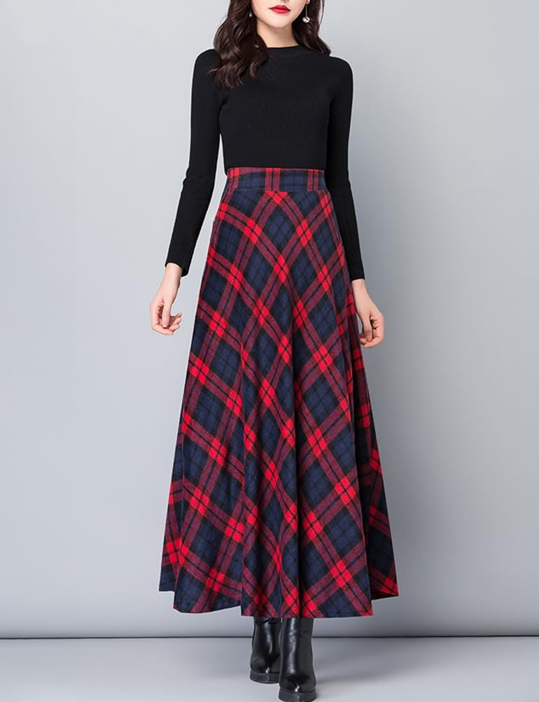 Plaid Wool Skirts for Women Warm Elastic High Waist Plaid A-Line Pleated Long Skirt - Image 2