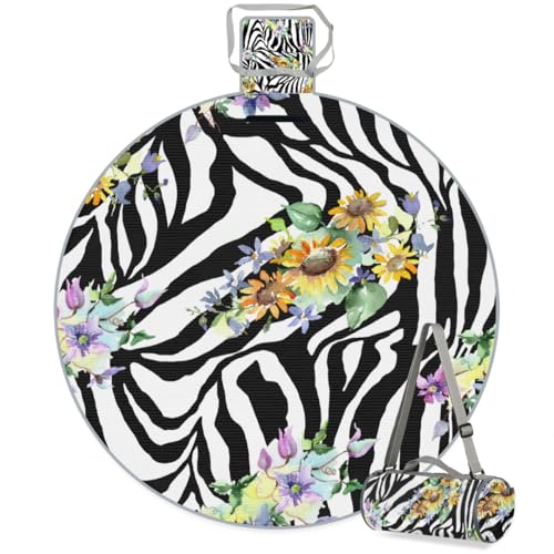 Sunflower Zebra Pattern Picnic Outdoor Blanket Foldable Waterproof Sandproof Beach Blanket Portable Water-Resistant Round Picnic Mat for Travel Camping Park Lawn