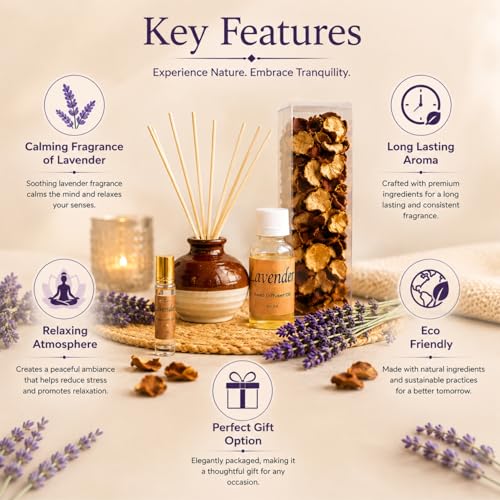 Image of AuraDecor Reed Diffuser Gift Set with Potpourri, Fragrance Oil & 6 Reed Sticks | Air Freshener for Living Room, Bedroom & Office | Decorative Aroma Diffuser Gift Set (Lavender, X-Large)