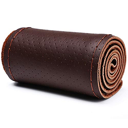 ZH-VBC Leather Steering Wheel Cover, Genuine Leather Steering Wheel Cover Lace Up, Breathable, Anti-Slip, Stitch on Wrap with Needle Thread Hand Sewing 15 Inch,Brown