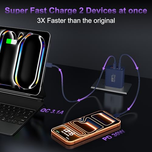 Image of USB C Fast Wall Charger Block, 2Pack 60W USBC Charging Cubes, 5-Port PD+QC Power Adapter Multiport Brick Type C Box Plug for Phone 17 /16 /15 /14 /13 /12 /11 /Pro Max /Plus, Pad Mini /Pro /S25 /S24-Deep Blue