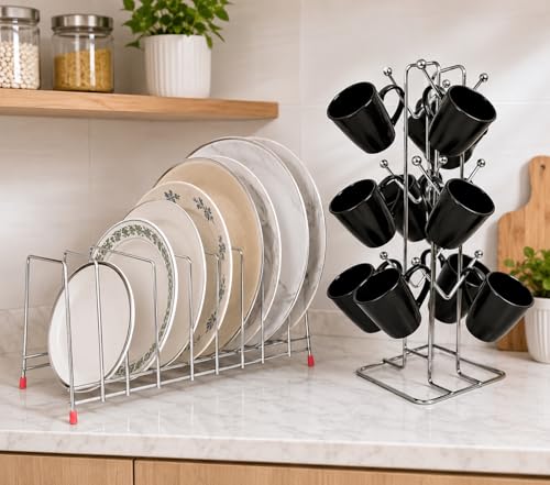 Image of Zepdos Stainless Steel 9 Plate Organiser for Kitchen with Cup Holder, Thali Rack, Dish Rack for Kitchen, Plate Stand with Lid Holder, Pack of 2
