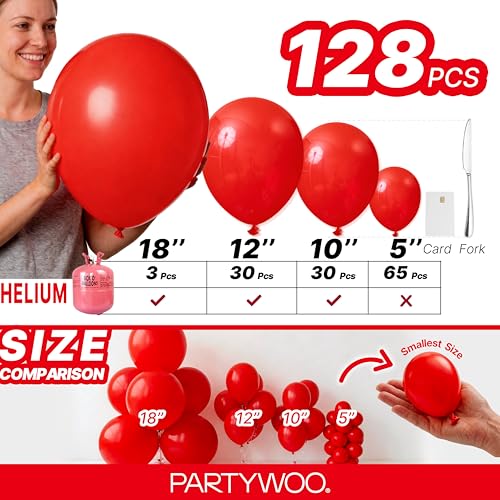Image of PartyWoo Red Balloons 128 pcs Different Sizes of 18 12 10 5 Inch Red Balloon Arch Kit Garland for Birthday Graduation Bachelorette Citizenship Anniversary Cherry Casino Theme Party Decorations Red-Y57