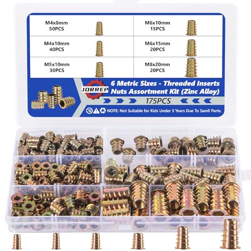 175 PCS Threaded Inserts for Wood, Threaded Insert Premium Zinc Alloy Insert Nuts Hex Drive Head for Wood Furniture Carpenter DIY and Many Projects- M4x8/M4x10/M5x10/M6x10/M6x15/M8x20mm