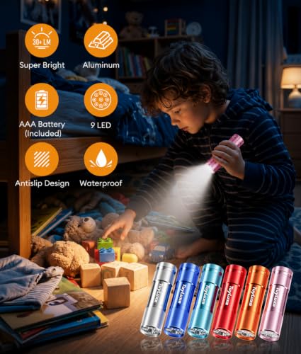 LED Mini Flashlights 6 Pack, 9-LED Small Flashlight with Lanyard, Assorted Color Aluminum Pocket Flashlight, AAA Battery Powered Handheld Lights for Kids, Camping, Home Emergencies, Night Reading - image 4