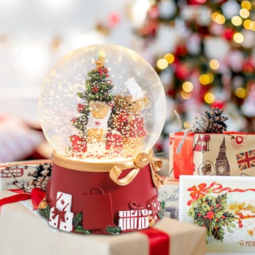 Taman Christmas Snow Globe, Christmas Tree with Bear Musical Snowglobe Lighted Christmas Decorations Tabletop Home Décor(No Auto Snowflake)