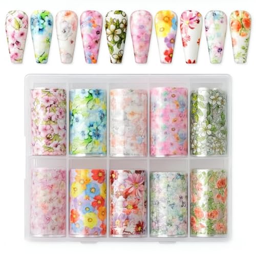 Huda Girl Holographic Flower Nail Foil Transfer Stickers Set – 10 Sheets Nail Art Kit for Women & Girls, Colour full DIY Nail Art Sticker Decorations, Nail Sticker Accessories