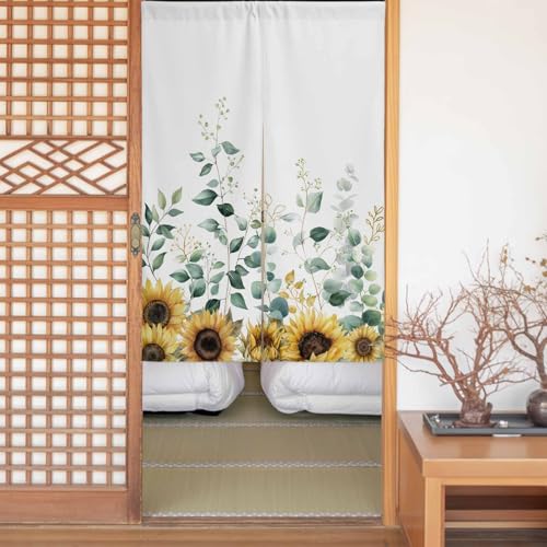 Sauoromeon のれん カーテン 幅75x丈180cm 厚手 遮光 暖簾 ドアカーテン 仕切り 目隠し 通気性 和風 おしゃれ フラット リング対応 ひも付き ユーカリ 木の葉 花 植物 ひまわり 白 勝手口 玄関 キッチン リビング 春夏秋冬