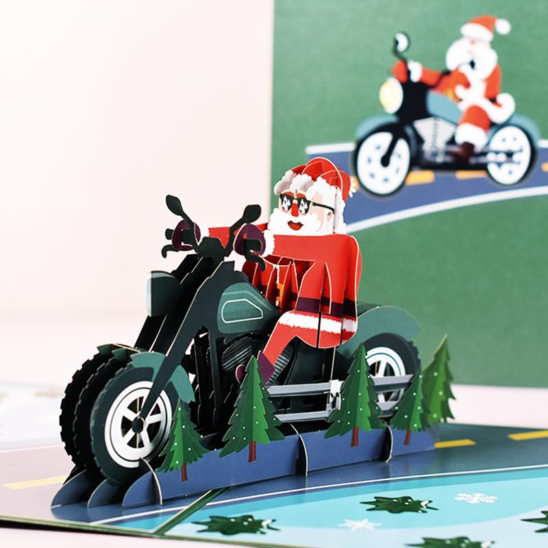 Fassory 3D Pop Up Christmas Card, Santa Riding Motorcycle Card
