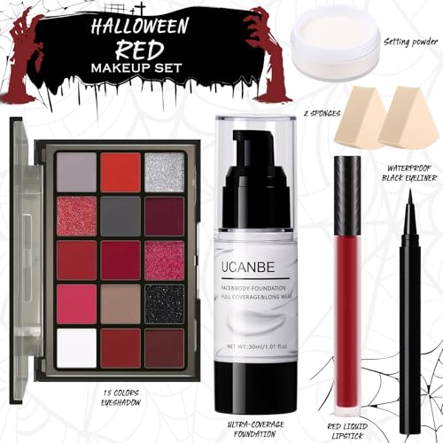 UCANBE Red Halloween Makeup Kit – Clown Vampire Joker Demon Makeup Set for SFX Costume Cosplay with Eyeshadow Palette, White Foundation, Red Liquid, Black Eyeliner, Setting Powder & Sponges - Image 3