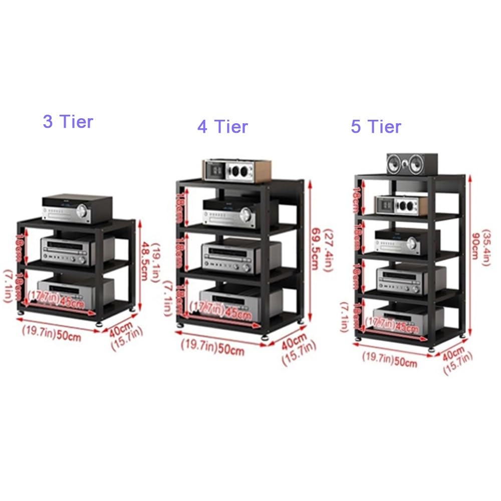 3 4 5 Livelli Mobile Componenti Stereo, HiFi Rack Audio AV Tower Media Stand, Rack Amplificatore Supporto Per Giradischi, Regolabile Mobiletto Portaoggetti, Legno & Metallo(Black,3 Tier-50X40X4