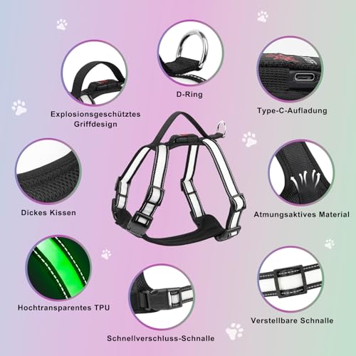 KOSKILL LED Hundegeschirr RGB wiederaufladbar mit Type C Ladung und Akku Anzeige superhelles Reflex Sicherheitsgeschirr für kleine mittlere Grosse Hunde Nacht wasserdicht leicht atmungsaktiv