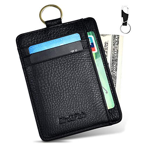 Bird&Fish Slim Front Pocket Wallets with Key Chain, Minimalist Leather Credit Card Holder Wallet, RFID Blocking for Men Women Black …