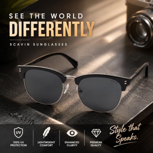 Image of Fueel Polarized Square Sunglasses for Men & Women | UV Protected Retro Half Frame Sunglasses | Lightweight Stylish Black Frame