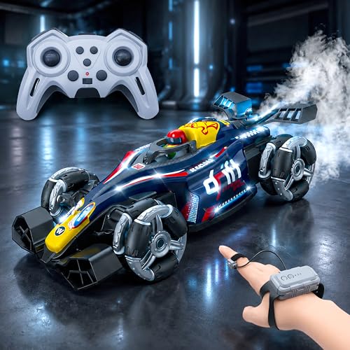 Image of VGRASSP 4WD Dual Control F1 RiseX Drift Stunt Mist Car Toy for Kids with Lights, Music - Rechargeable 360 Rotating RC Smoke Car with 2.4GHz Remote Control and Gesture Wrist Controller - Red