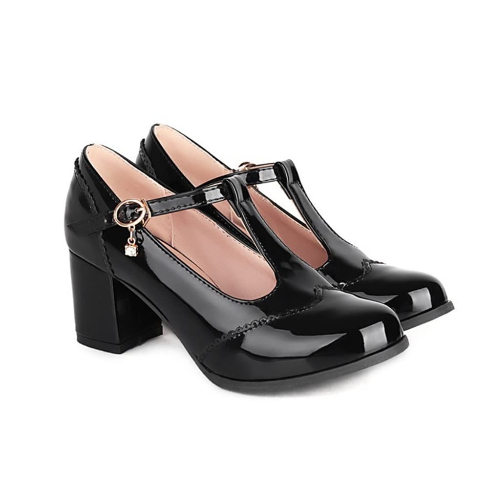 Mary Jane Shoes Women T-Strap Patent Leather Pumps Chunky