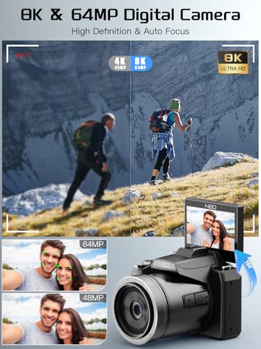 8K Digitalkamera 64MP mit 2.8" Flip-Screen, 16X Zoom, WLAN & Autofokus, Vlogging Kamera für YouTube, Webcam, inkl. 64GB Karte & 2 Akkus (Schwarz) – Bild 4