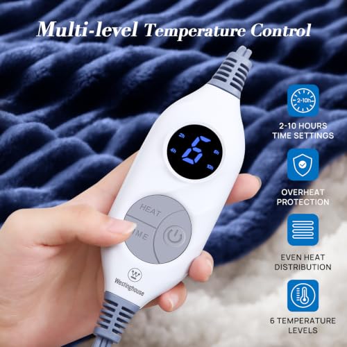 Image of Westinghouse Heated Throw Blanket, Fast Heating Blanket, 50x60 Inch, Navy | Soft Flannel Sherpa Electric Throw with 6 Heating Levels & 2-10 Hours Auto Shut Off, ETL Certification, Machine Washable