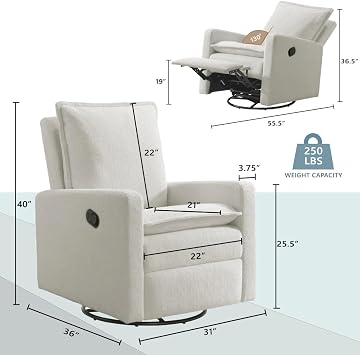 Oxford Baby Uptown Upholstered Glider Recliner Rocking Chair 360 Swivel for Nursery and Living Room - Boucle White