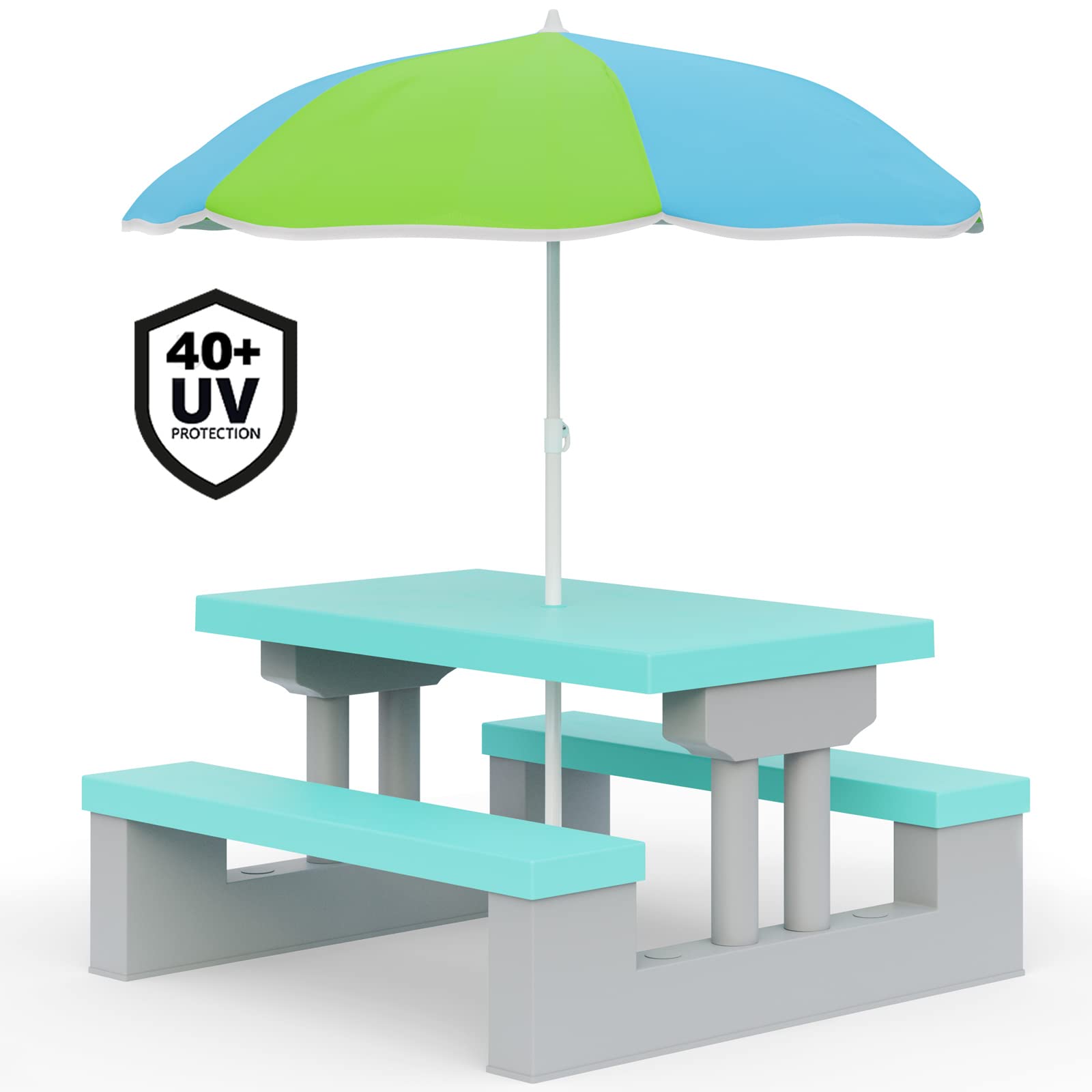 Spielwerk® Kindersitzgruppe Sonnenschirm UV Schutz Stecksystem Waschbar ABS Kunststoff Wetterfest Mint Outdoor Picknicktisch Kindertisch Gartenmöbel
