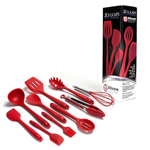 Schukaps Set de 10 Utensilios de Cocina de Silicona Antiadherente - Espatulas Resistentes al Calor - Facil de Limpiar Color Rojo Home |
