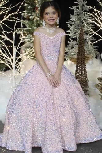 Off Shoulder Sequin Flower Girl Dresses Sparkly Girls Pageant Dresses Ball Gown Princess Kids Toddler Dress3