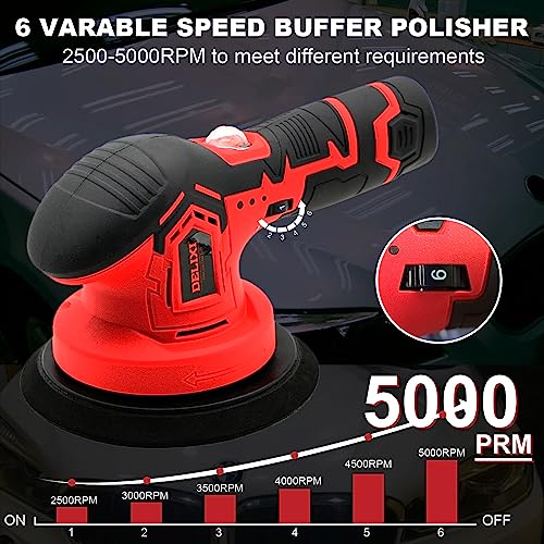 Delixi Cordless Buffer Polisher - Car Buffer Polisher With 2Pcs 12V Lithium Rechargeable Battery Brushless Polisher With 6 Variable Speed,Extra 25 Pcs Attachments, Perfect For Polishing/Sanding #TOP3