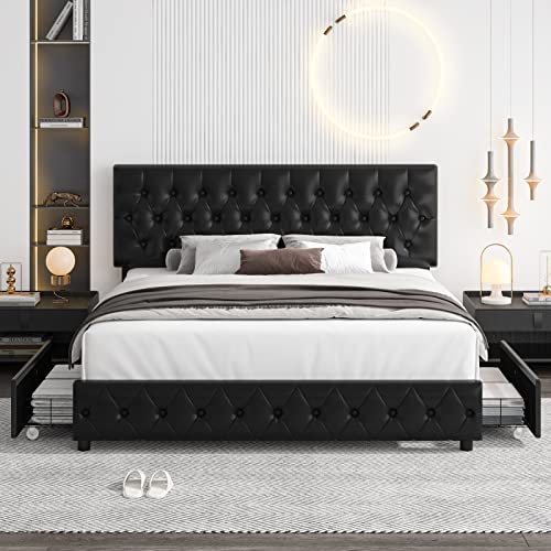Keyluv Modern Upholstered Bed Frame With 4 Drawers, Faux Leather Platform Bed With Button Tufted Headboard, Solid Wooden Slat Support, Easy Assembly, Queen Size, Black #TOP2