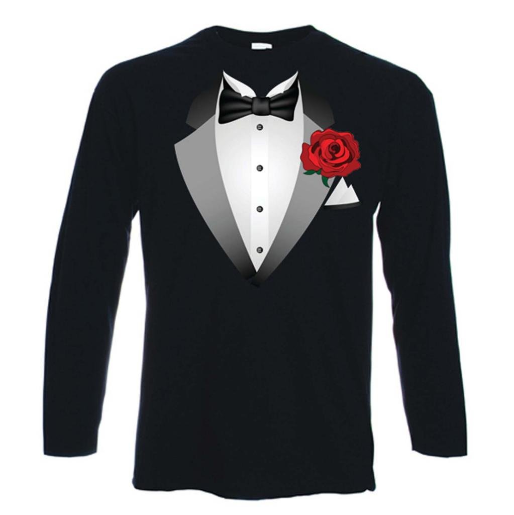 Mens Tuxedo Fancy Dress Long Sleeve T-Shirt With Bow Tie Design - Great for Fancy Dress or Funny Stag Do - 100% Cotton