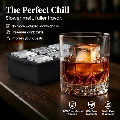 Image of KitchFort Large Silicone Ice Cube Tray (2-Pack), Easy Release 2 inch Big Ice Cubes - Cocktail, Whiskey Ice Cubes Mold - Ice Trays for Freezer with Lid - Stackable Silicone Ice Tray - Black
