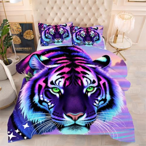 ZZXHG Edredón King Size Estampado 3D | Tigre Morado, Nórdico Máximo Confort para Camas Grandes, Lavable, Reversible, Incluye 2 Fundas de Almohada 50x75 cm