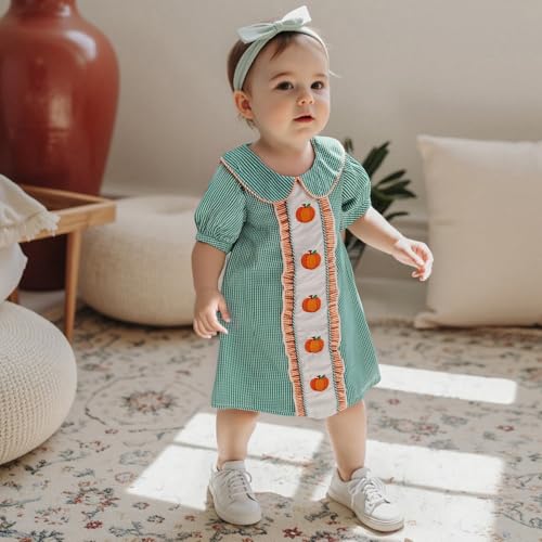 Toddler Girl Halloween Outfit Short Puff Sleeve Peter Pan Collar Pumpkin Embroidery Plaid Dress Kids Fall Photoshoot Clothes2