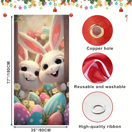 Image of Easter Door Cover 35.43 x 70.87 Inch Two Cute Bunnies Peeking from Wooden Frame with Colorful Eggs Spring Flowers and Soft Lighting Ideal for Holiday Door Decoration and Seasonal Display