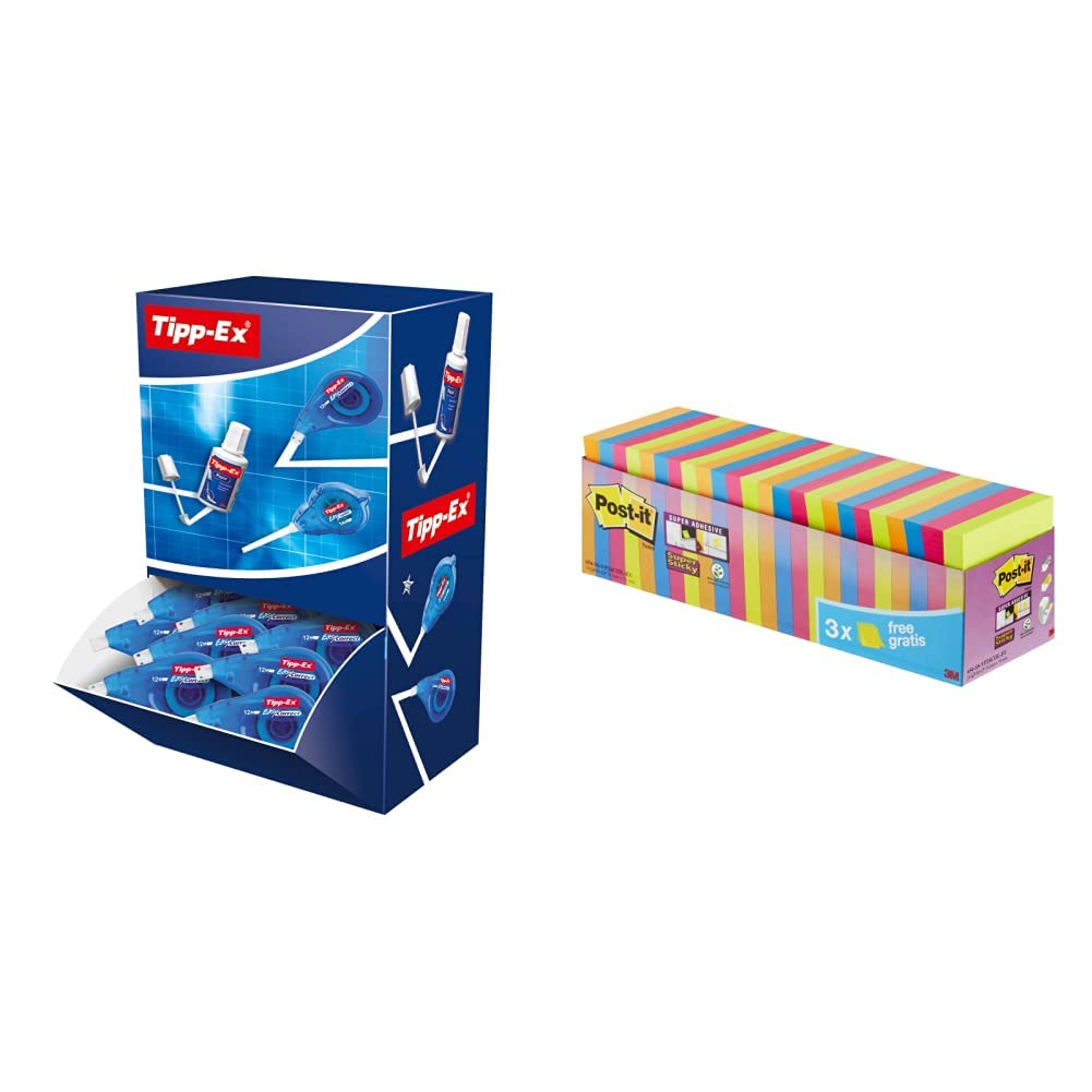 Tipp-Ex Korrekturroller Easy Correct zum seitlichen Korrigieren, 12m x 4.2mm, 20er Pack & Post-it Super Sticky Notes, Packung mit 24 Blöcken, 90 Blatt pro Block, 76 mm x 76 mm