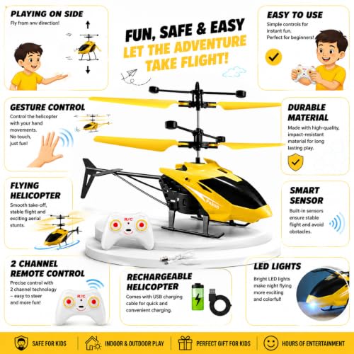 Image of RC Helicopter with Hand Gravity Sensor for Kids 4+, Flying Remote Control Helicopter Toy, Chargeable 3D LED Light & Smart Safety Sensor, Indoor Outdoor Play,Gift for Boys & Girls (Yellow)