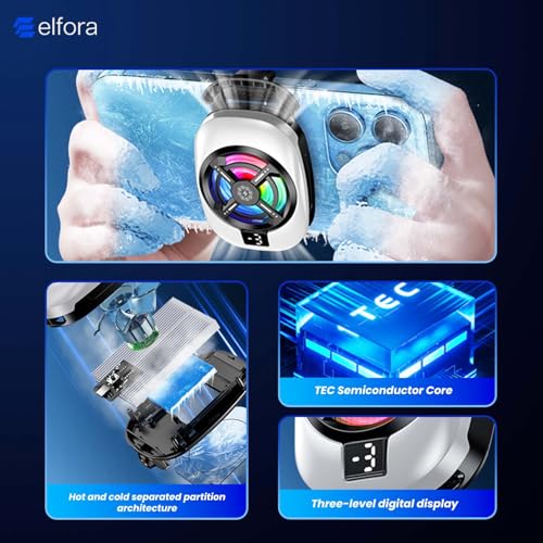 Image of Elfora Gaming Mobile Cooler | Phone Cooling Fan With RGB Lights And Digital Display | Ultra Fast Instant Cooling Fan Compatible With Android & Iphones (White), 6 x 34 Centimeters