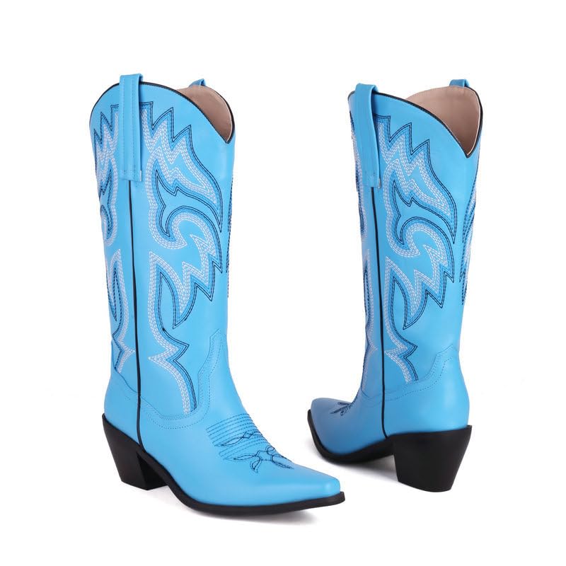 Cowboy Boots for Women Mid Calf Western Boots Embroidery Cowgirl Pull-On Pointy Toe & Wide - Neutral Retro Causal Comfortable Walking Lightweight Running Standing All Day Birthday Gifts Plus Size2