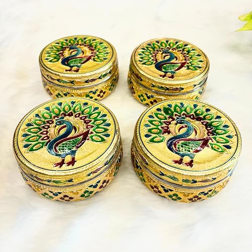 Image of NAVRANG Stainless Steel Container Box Meenakari Storage Box /Chapati /Roti Peacock Design (Pack of 4, Golden)