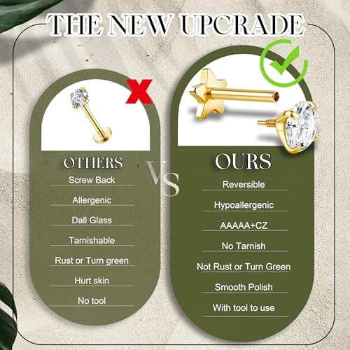 Reversible Flat Back Earrings Studs Hypoallergenic - 14K Gold Filled Surgical Steel Earring 18G Cartilage Helix Tragus Conch Piercing Jewelry Extended Internal Thread Earrings for Women Men4