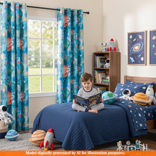 Image of MYSKY HOME Patterned Blackout Curtains 96 Inch Length Cartoon Galaxy Planets Printed Grommet Window Curtains Thermal Insulated for Kids Boys Girls Bedroom, Each Panel 52 inch W, Pack-2, Blue