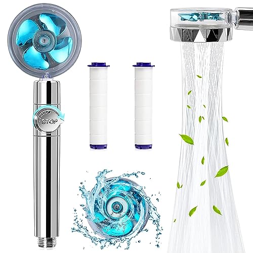 High Pressure Turbo Fan Drive Jet Shower Head - Water Saving with Stop Button and 2 Filter - 360 Degree Rotating