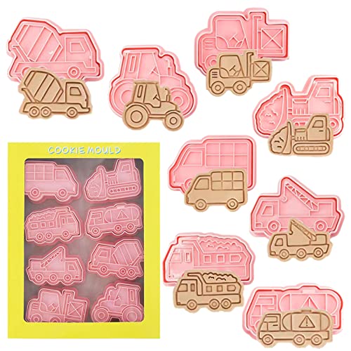 Ausstechform Kunststoff Konstruktion, 8 Stück 3D Keksausstecher Bulldozer Gabelstapler Trucks, Konstruktion Ausstecher, Transportwerkzeuge Ausstechformen, Schneideformen für Kinder Cover