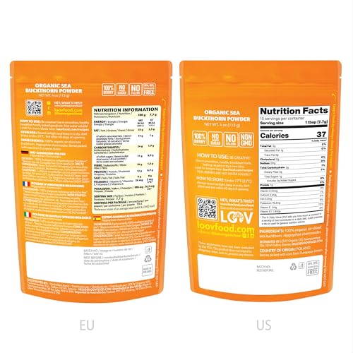 LOOV Organic Sea Buckthorn Berry Powder, High in Fiber, Omegas, Vitamin C, Vitamin E, Made from Whole Berries, 4 Oz, Grown in Nordic Climate, 23-Day Supply, No Added Sugar, Non-GMO
