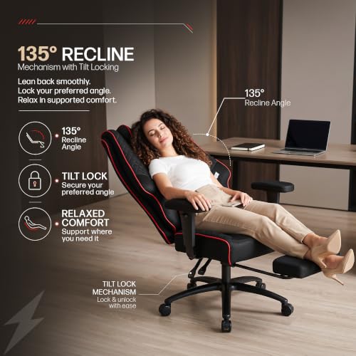 Image of DROGO Majestic Ergonomic Office Chair for Work & Home 400LBS | Big and Tall Boss Chair for Office with High Cushion, Lumbar Support, Padded Armrest, 135 Recline & Footrest,1 Yr Warranty (Black&Red)