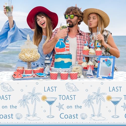 Image of K1tpde 3PCS Last Toast On The Coast Bachelorette Party Tablecloth for Adult, Coastal Themed Blue Wine Cup Shell Starfish Plastic Tablecloth, Disposable Tablecover for Bridal Shower Summer Party Decor