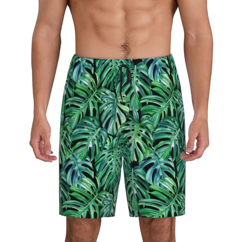 Monstera Leaves Print Men’s Sleep Shorts Bottoms Soft Comfy Pajama Wear Pants With Drawstring Pockets