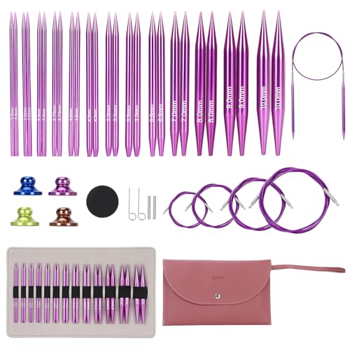 liomey Interchangeable Circular Knitting Needles Set - 13 Pairs of 4 Inch (3mm-10mm) Aluminum Needles Ergonomic Design for Beginners and Advanced Knitters Purple