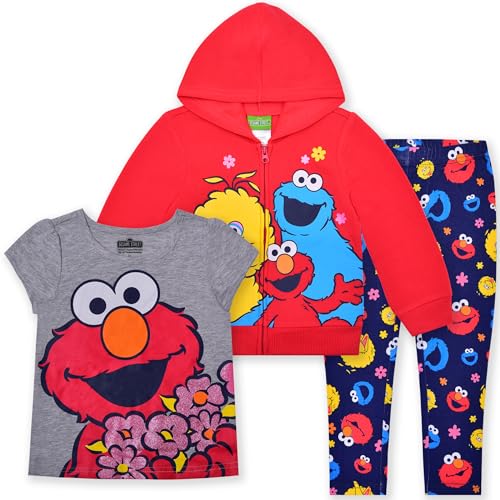 Image of Sesame Street Girls 3 Piece Hooded Sweatshirt, T-Shirt and Legging Pants Set for Toddlers and Little Kids