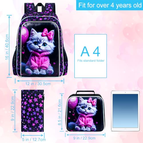 Image of CCJPX 3Pcs Cat Backpack for Girls, 16 inch Kids Bookbag with Lunch Box, Water Resistant Elementary School Bag for Kindergarten Preschool Toddler (Black)