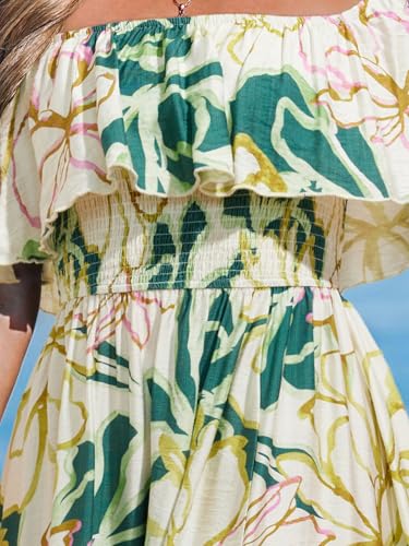 Image of CUPSHE Women Ruffle Floral Maxi Summer Dress Off Shoulder Short Sleeve Backless Flounce Bodice Slit Hem Beach Dresses